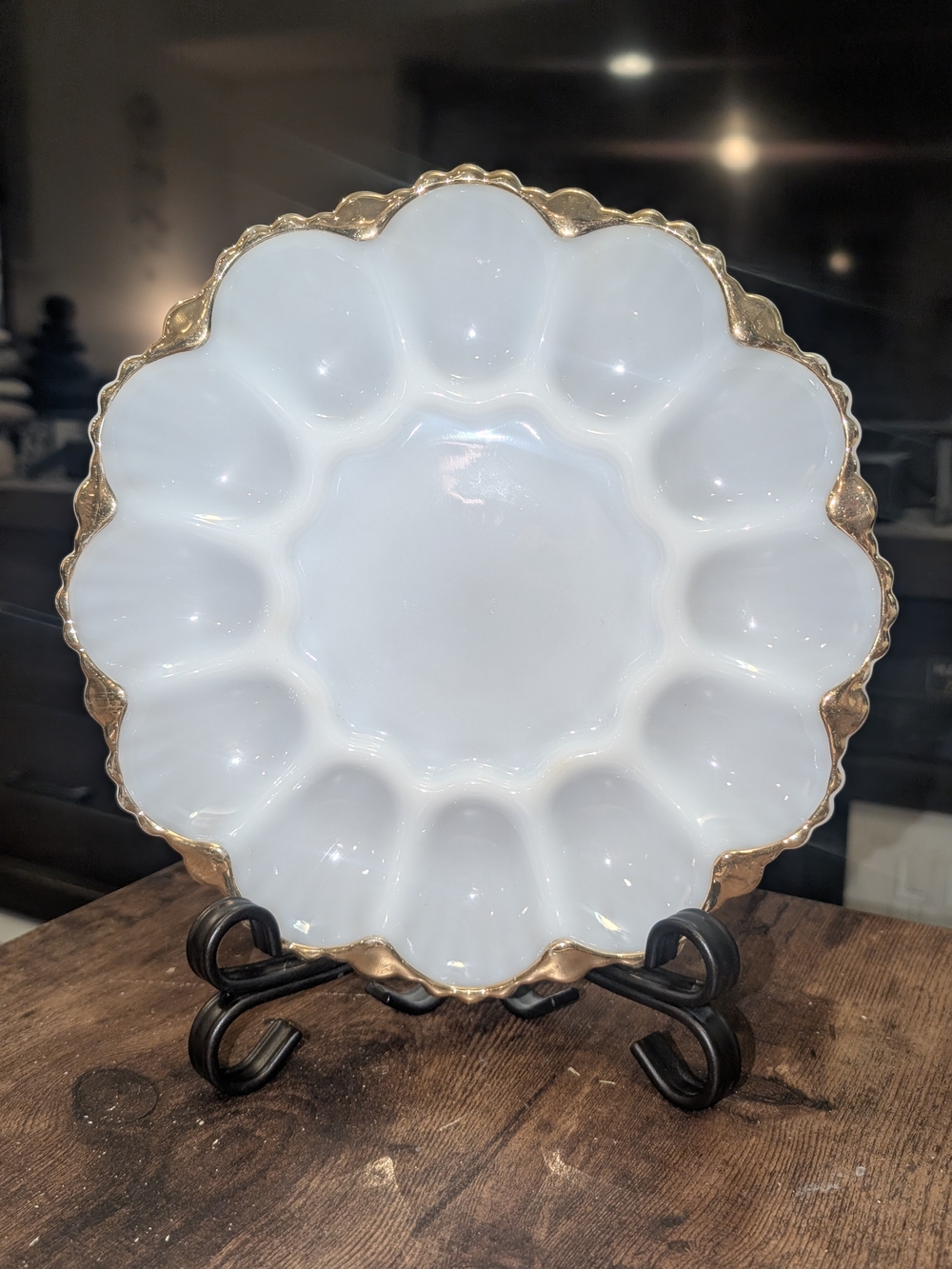 Vintage 50's White Milkglass Gold Scalloped Edge Deviled Egg Serving Platter